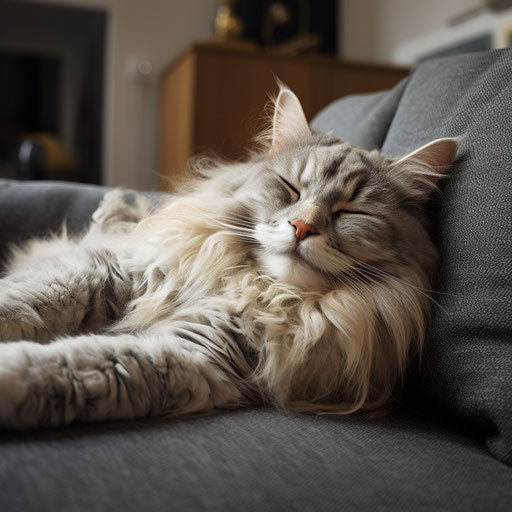 Norwegian forest cat sleeping on a couch with its owner