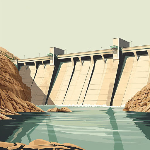 Dam clipart in photo realistic style with a flat random background, vintage filter and delicate lines