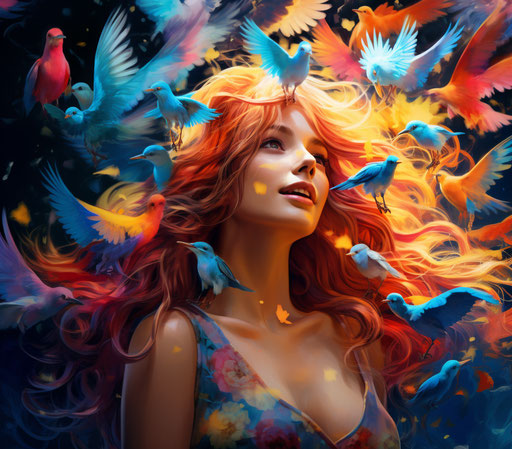 Girl with colorful hair and birds flying in electric style