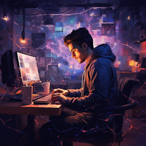Focused gamer in room with vibrant LED lights