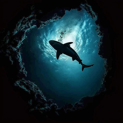 Tiger shark silhouette in underwater cave, Simen Johan style