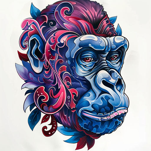 Neo-traditional gorilla tattoo with bold colors and intricate patterns