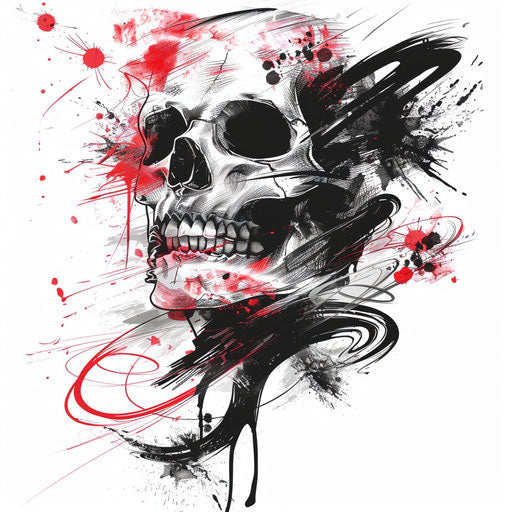 Artistic flat tattoo sketch of a Calavera with abstract splashes
