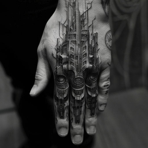 Finger tattoos on men in the style of J.P. Targete with futuristic, surreal designs