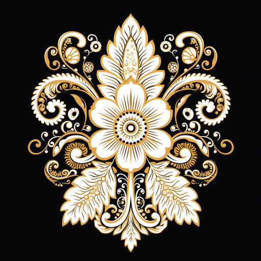 Black and white ornate henna pattern, in the style of Mughal painting, bold outline, delicate gold detailing, Zen Buddhism influence