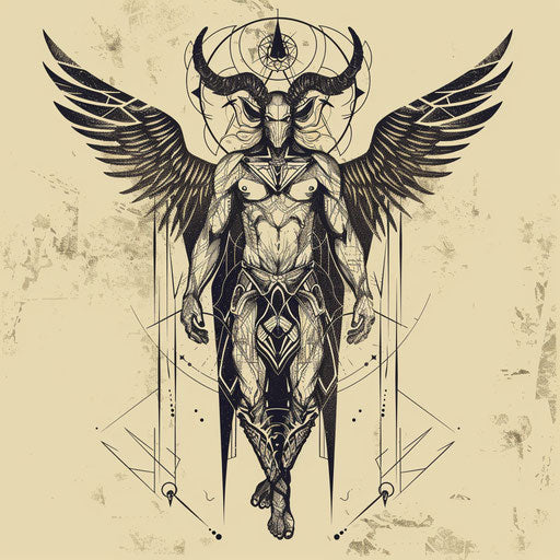 Stylized tattoo sketch of Lucifer with geometric patterns and sharp angles