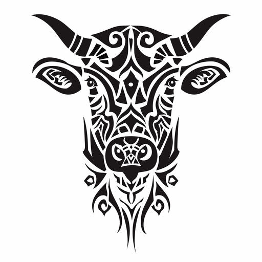 Tribal cow tattoo with bold black patterns