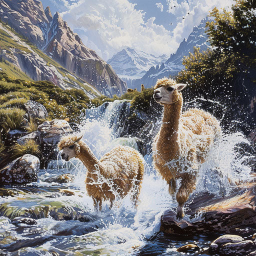 Alpacas playing by a crystal-clear mountain stream