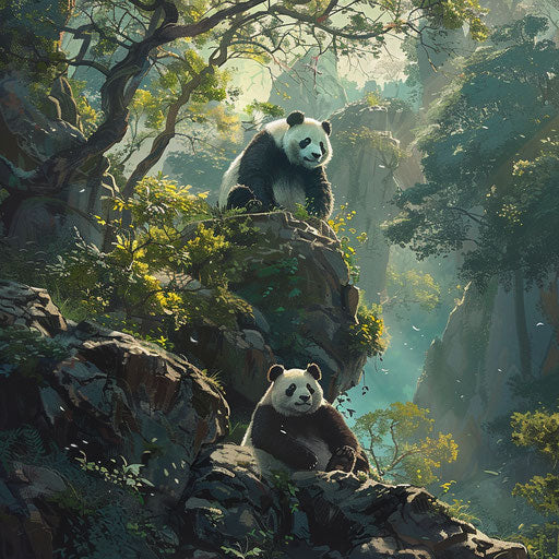 Giant panda on a rocky hillside in the forest