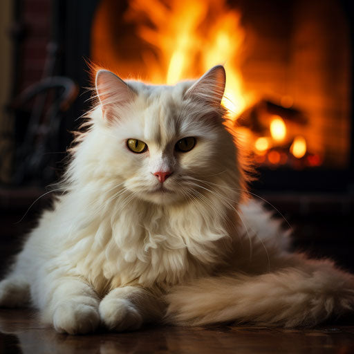 White cat in front of a fire in a fireplace
