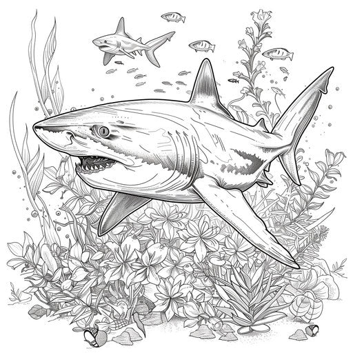 Realistic shark with underwater flora and fauna