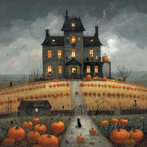 Classic Haunted House Surrounded by Glowing Pumpkins