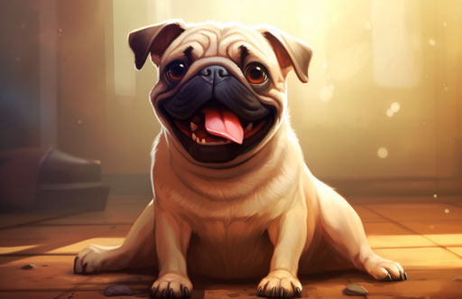 Pug sitting with tongue out on floor, in exaggerated style