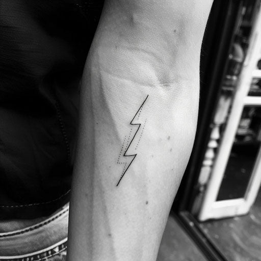Energetic flat tattoo sketch of a lightning bolt made with a single zigzag line