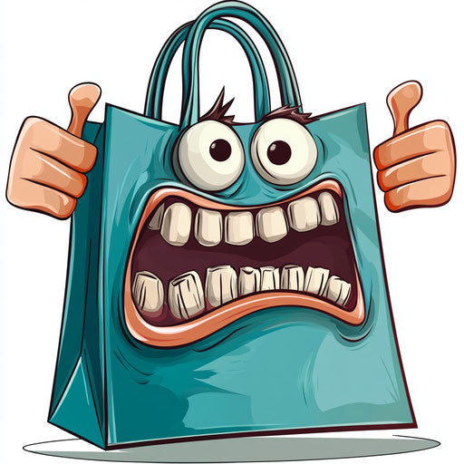 Humorous caricature of a shopping bag with human characteristics