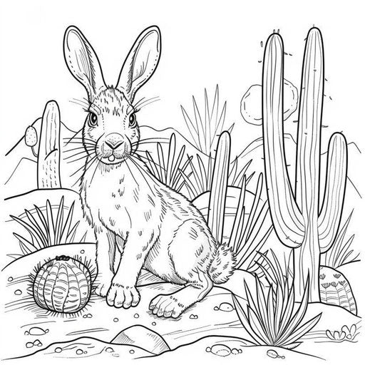 Hare hopping between cacti - Coloring book page