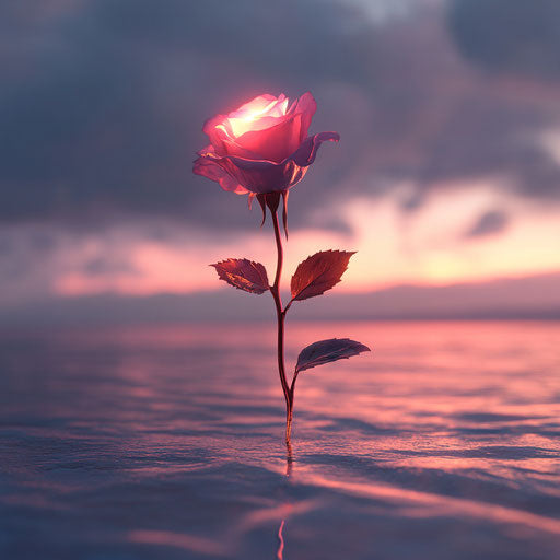 Glowing rose by the ocean at sunset