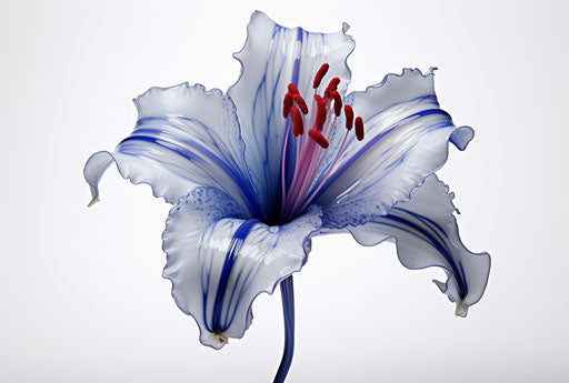 Blue lily on white background, hyperrealistic style portrait