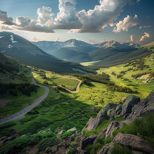 Summer ridge road, lush greenery, panoramic views, Chris Burkard style