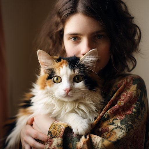 Calico cat being held by its owner