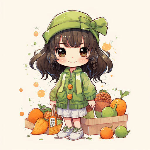 Cartoon girl drawing on white background, in the style of tinycore, oshare kei, light green and dark brown, humble charm, white and orange, grocery art, colorful costumes