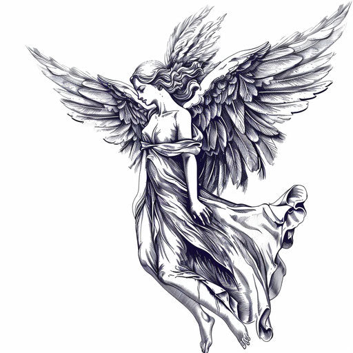 Detailed sketch of a guardian angel with expansive wings