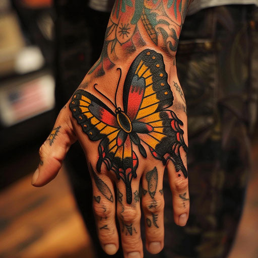 Butterfly hand tattoo with classic American style
