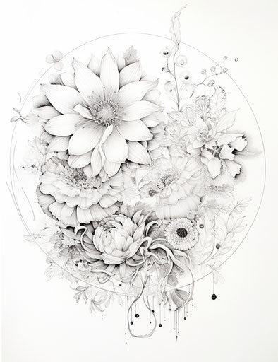 Asian flowers in Yvonne Coomber style on white background