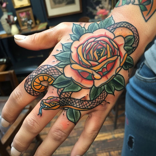 Hand tattoo with intertwined rose and snake