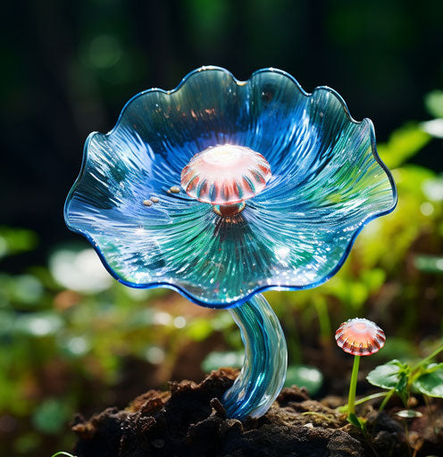 Green blue crystal flower in garden, dark sky-blue and light beige style