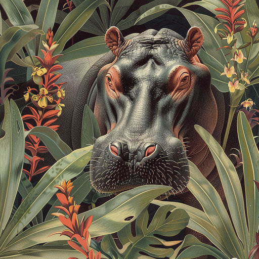 Hippo in a detailed botanical setting, showcasing African flora