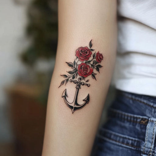Traditional tattoo of an anchor with roses