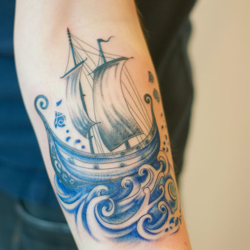 Traditional Viking longship tattoo on blue sea