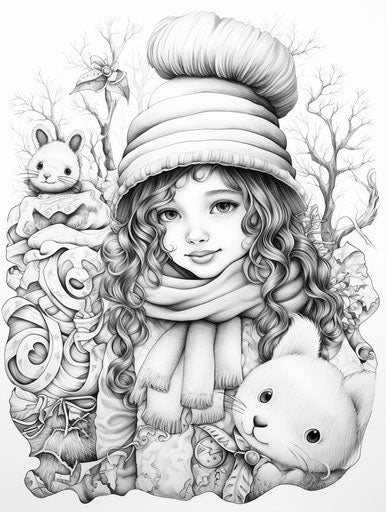 Girl coloring snowman, mono-ha style, 3:4