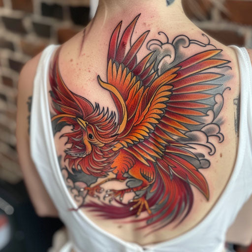 Vibrant neo-traditional tattoo of a phoenix on white background