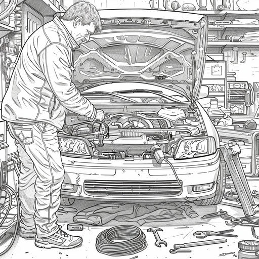 Dad fixing car with various tools