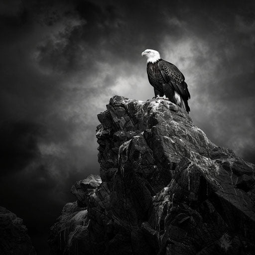 Bald eagle on rocky outcrop, black and white
