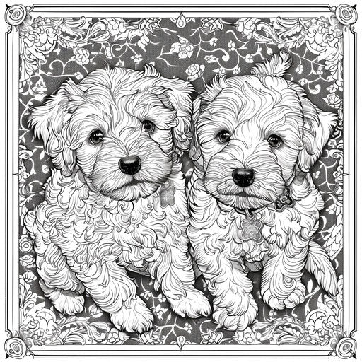 Ornate puppies with intricate patterns in the style of Gennady Spirin Coloring book page
