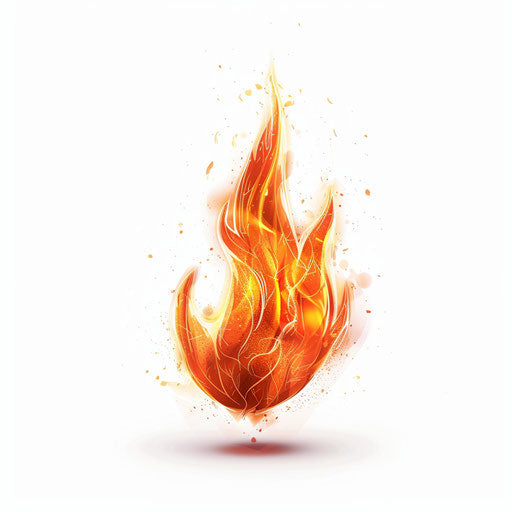 Fire icon on white background, text and emoji installations style, mythic symbolism