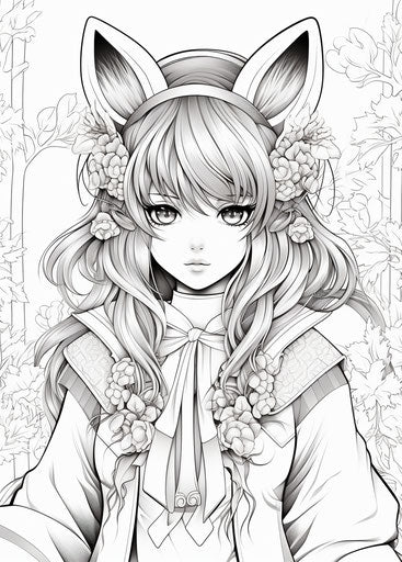 Free anime fox girl coloring, comic art style, dark white and dark cyan