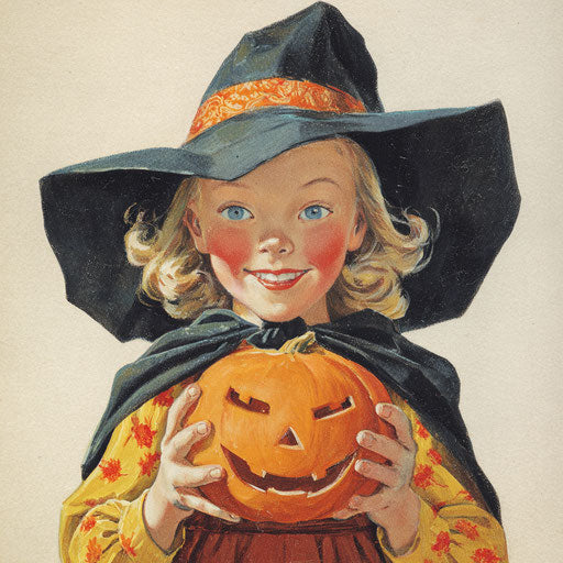 Vintage illustration of a joyful girl for Halloween