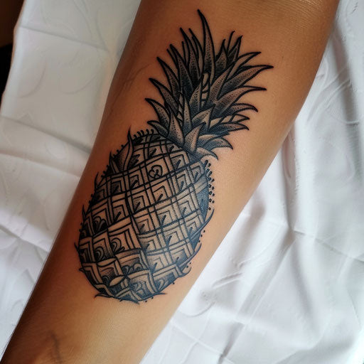 Exotic Polynesian-style pineapple tattoo on white surface