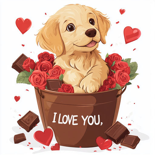 Cute Golden Retriever Puppy in a Bucket of Roses, Chocolate, and Heart Cards