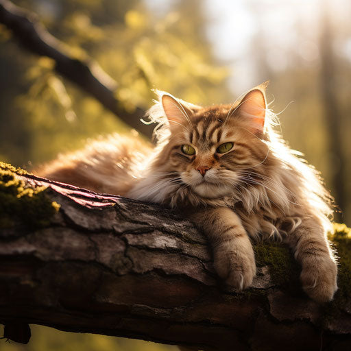 A Siberian cat lying on a tree branch
