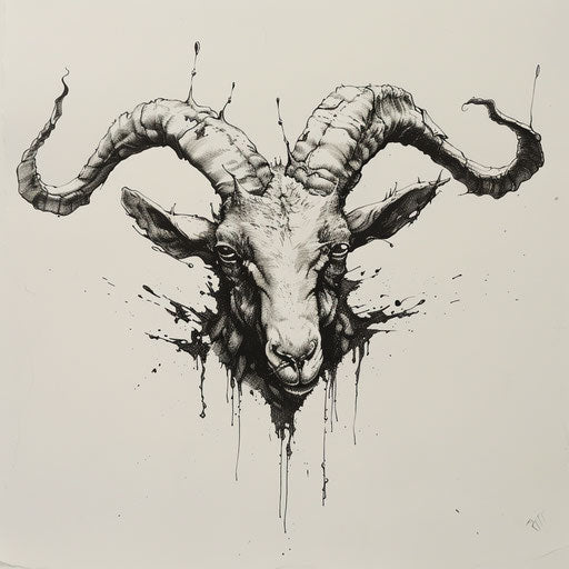 Drawing of a goat head with many horns in black and white