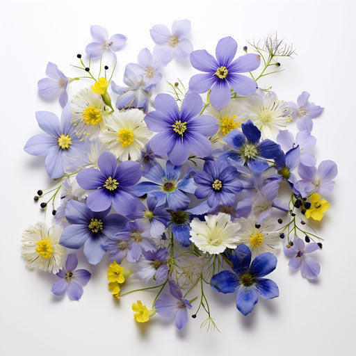 Blue flowers arrangement on white background