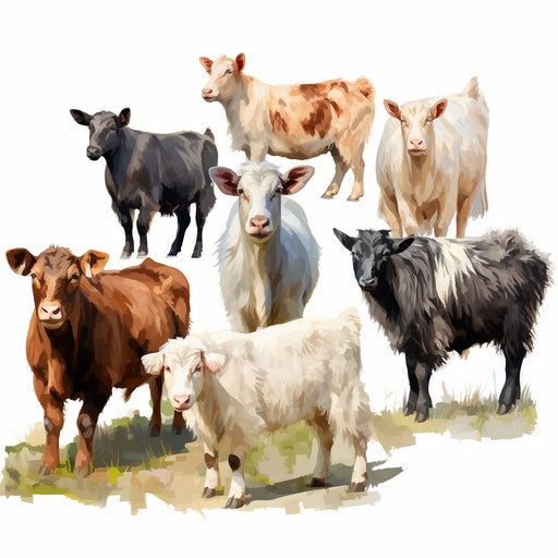 Farm animals in Oil painting style on white background