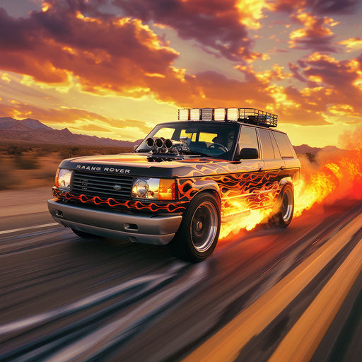 Modified 1994 SUV racing in desert at sunset