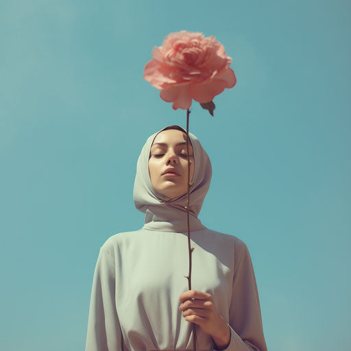 Woman holding a pink flower in light sky-blue and light brown style