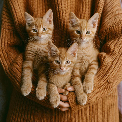 Three kittens and a person holding a cat, light orange and light maroon style, exaggerated facial features, y2k aesthetic, beautiful